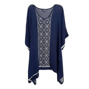 Lands' End Women's Navy Poly Georgette w White Embroidery Tunic Cover Up